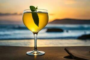 un vaso de limonada en un mesa en frente de el océano. generado por ai foto