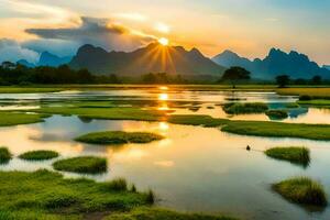 the sun rises over the mountains and the water in the middle of the river. AI-Generated photo