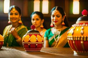 three women in saris standing around a table with colorful pots. AI-Generated photo