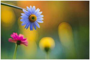 a blue and pink flower in front of a blurred background. AI-Generated photo