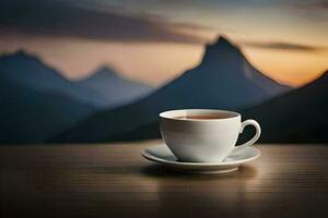 a cup of tea on a table in front of mountains. AI-Generated photo