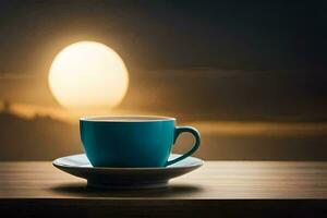 a blue cup sits on a table in front of a full moon. AI-Generated photo