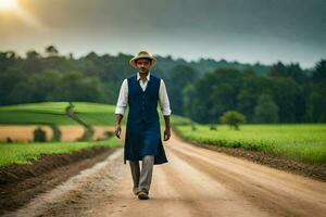 a man in a blue suit and hat walking down a dirt road. AI-Generated photo