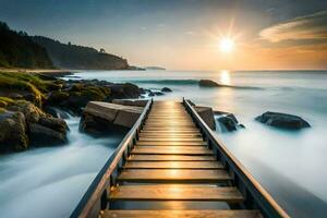 a wooden boardwalk leads to the ocean at sunset. AI-Generated photo