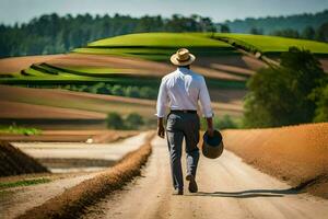 a man in a hat walks down a dirt road. AI-Generated photo