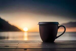 coffee cup on the wooden table with the sun setting behind it. AI-Generated photo