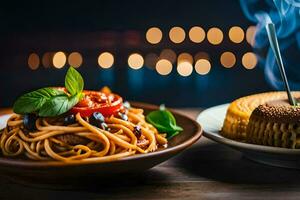 a plate of pasta and a bread roll on a table. AI-Generated photo