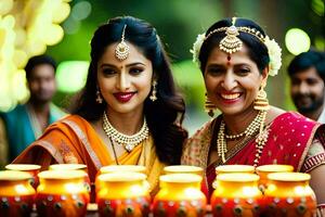 dos mujer en tradicional indio atuendo participación velas generado por ai foto