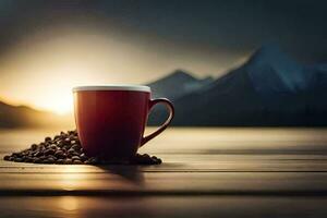 coffee cup on the table with mountains in the background. AI-Generated photo