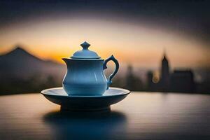 a teapot sits on a saucer in front of a sunset. AI-Generated photo