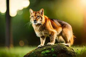 a brown and white dog standing on top of a rock. AI-Generated photo