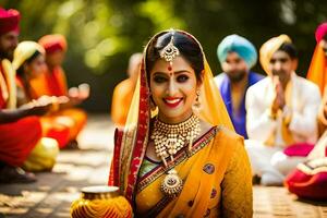 indian bride in traditional attire with her family. AI-Generated photo