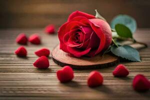 a single red rose is surrounded by red hearts on a wooden table. AI-Generated photo
