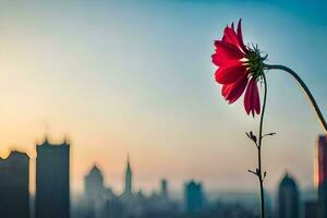 a red flower stands in front of a city skyline. AI-Generated photo