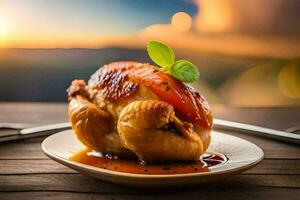 un pollo en un plato con un tenedor y cuchillo. generado por ai foto