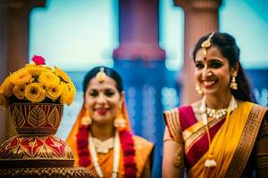 two women in traditional indian attire standing next to a vase. AI-Generated photo