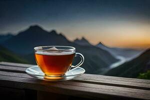 a cup of tea on a balcony overlooking the mountains. AI-Generated photo