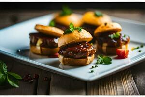 small sandwiches with meat and pomegranate on a white plate. AI-Generated photo