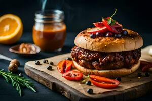 a hamburger with sauce and vegetables on a cutting board. AI-Generated photo