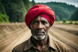 a man wearing a red turban stands in the middle of a field. AI-Generated photo