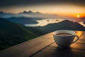 a cup of tea on the table in the morning, mountains, hd wallpaper. AI-Generated photo