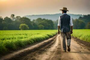 a man in a hat and vest walking down a dirt road. AI-Generated photo