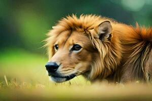 a lion is sitting in the grass. AI-Generated photo