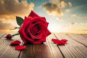 a single red rose on a wooden table with petals scattered. AI-Generated photo