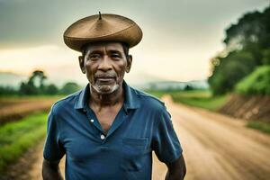 un antiguo hombre vistiendo un sombrero en un suciedad la carretera. generado por ai foto