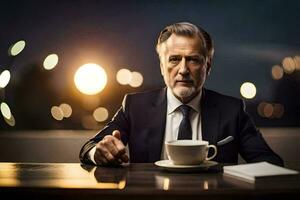 a man in a suit and tie sitting at a table with a cup of coffee. AI-Generated photo