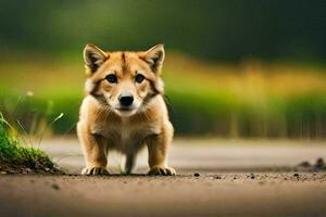 a dog is standing on the road in front of a green field. AI-Generated photo