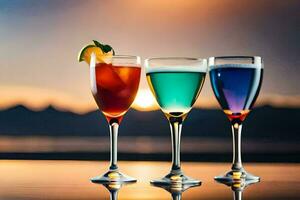 three glasses of different colored drinks on a table. AI-Generated photo