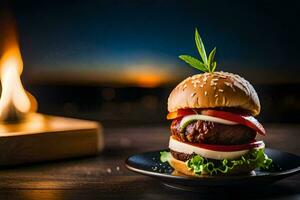 a hamburger with cheese, tomatoes and lettuce on a black plate. AI-Generated photo