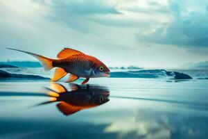 a fish is standing in the water with its reflection. AI-Generated photo