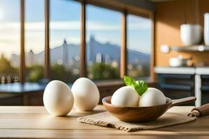 eggs in a bowl on a kitchen table. AI-Generated photo