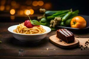 spaghetti with a strawberry and a slice of cake on a wooden table. AI-Generated photo
