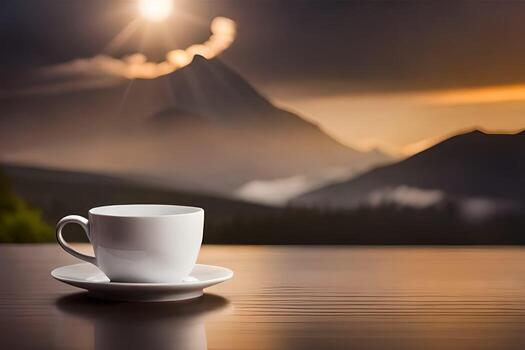 a cup of coffee on a table in front of a mountain range. AI-Generated photo