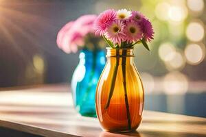 dos vistoso floreros con rosado flores sentado en un mesa. generado por ai foto