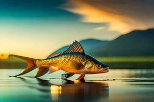 un pescado es en pie en el agua a puesta de sol. generado por ai foto