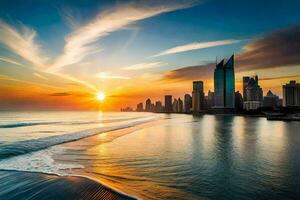 the sun rises over the city skyline in dubai. AI-Generated photo