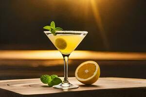 a cocktail with lemon and mint on a wooden table. AI-Generated photo