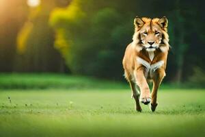 un león corriendo a través de un verde campo. generado por ai foto