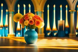 a blue vase with flowers in front of a church. AI-Generated photo