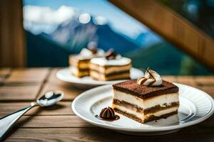 two pieces of cake on a table with a view of mountains. AI-Generated photo