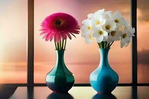 dos floreros con flores sentado en un mesa. generado por ai foto