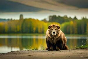 a brown bear is sitting on the ground near a lake. AI-Generated photo