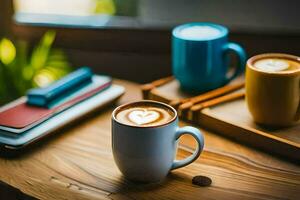 two coffee cups with latte art on the table. AI-Generated photo