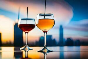 two glasses of wine with a city skyline in the background. AI-Generated photo