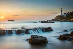 the lighthouse at sunset with a waterfall and rocks. AI-Generated photo