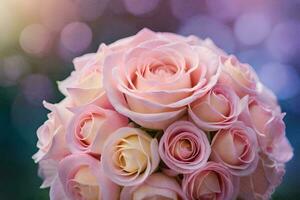 a bouquet of pink roses is shown in front of a blurred background. AI-Generated photo